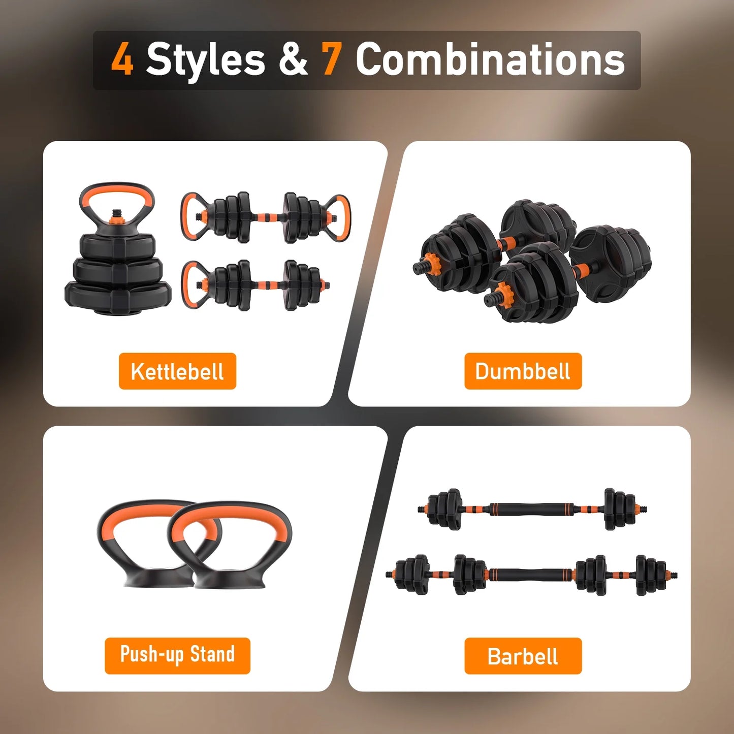ARVAKOR Adjustable Weight Dumbbell Set - 4 in 1 Free Weight Set with Connector - Dumbbells, Barbells, Kettlebells, Push-Up Bars for Full Body Workout and Muscle Toning