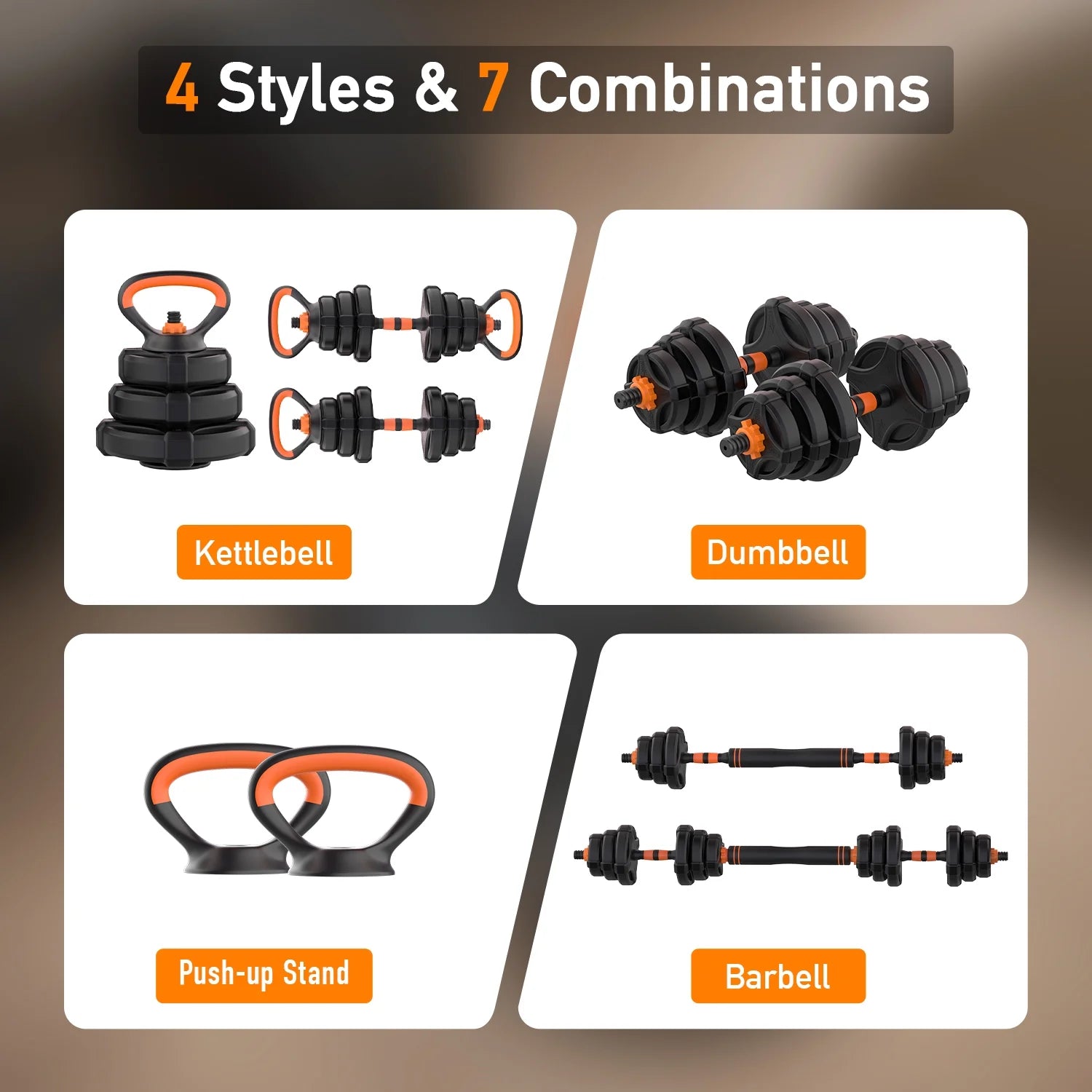 ARVAKOR Adjustable Weight Dumbbell Set - 4 in 1 Free Weight Set with Connector - Dumbbells, Barbells, Kettlebells, Push-Up Bars for Full Body Workout and Muscle Toning
