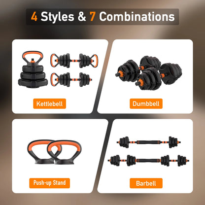 ARVAKOR Adjustable Weight Dumbbell Set - 4 in 1 Free Weight Set with Connector - Dumbbells, Barbells, Kettlebells, Push-Up Bars for Full Body Workout and Muscle Toning